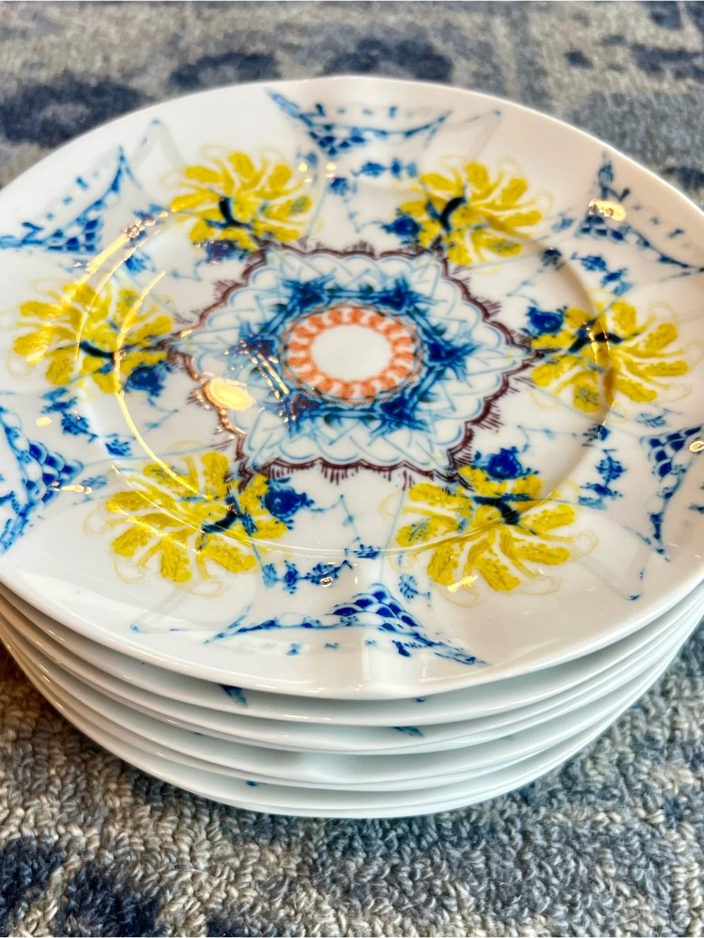 8 Anthropologie Porcelain Plates - Yellow, Blue & Orange - Stunning-Hard to Find